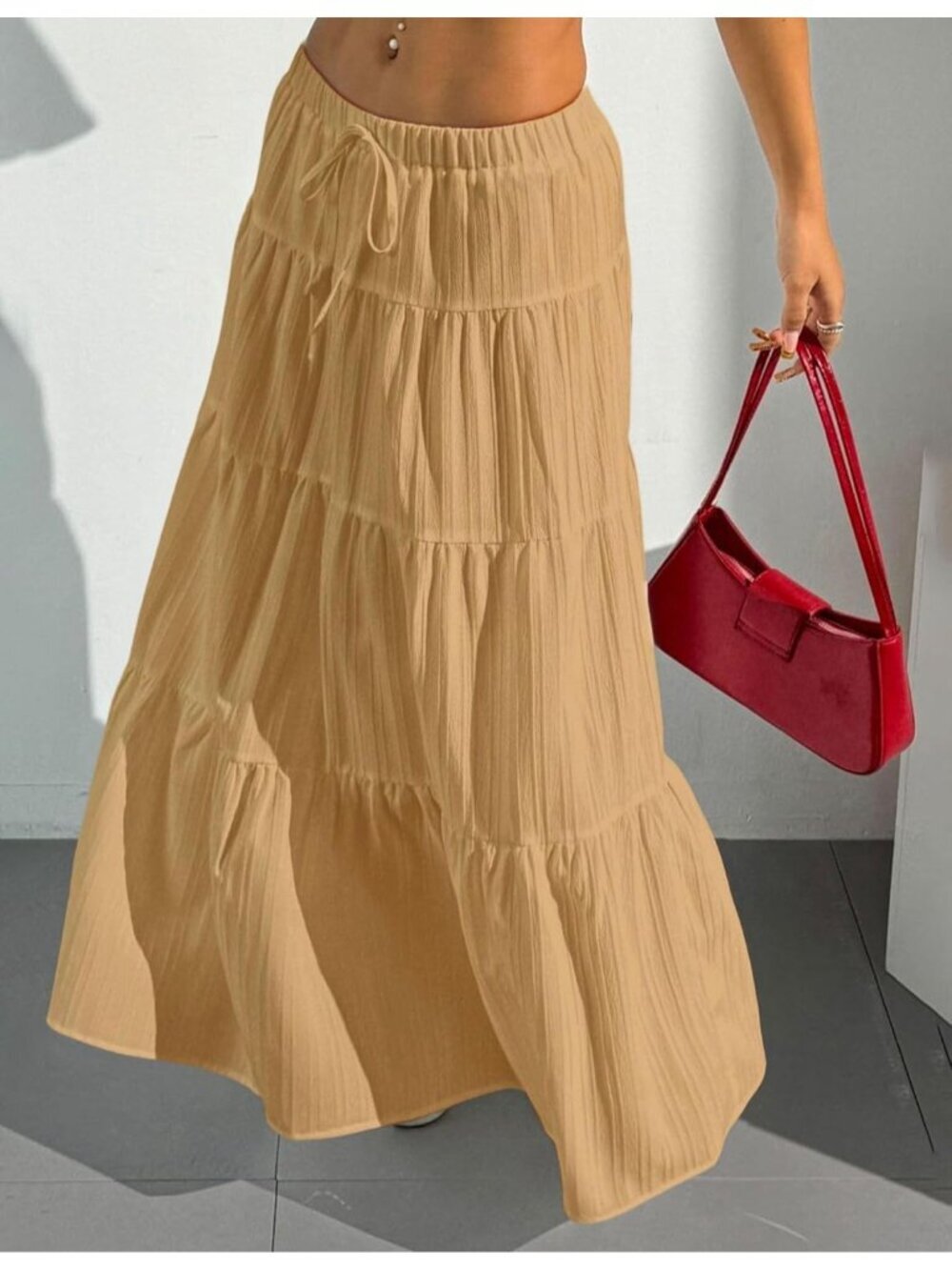 Women's Boho Flowy Khaki Maxi Skirt Flared Ruffle A Line Spring Long Skirts - Picture 3 of 6